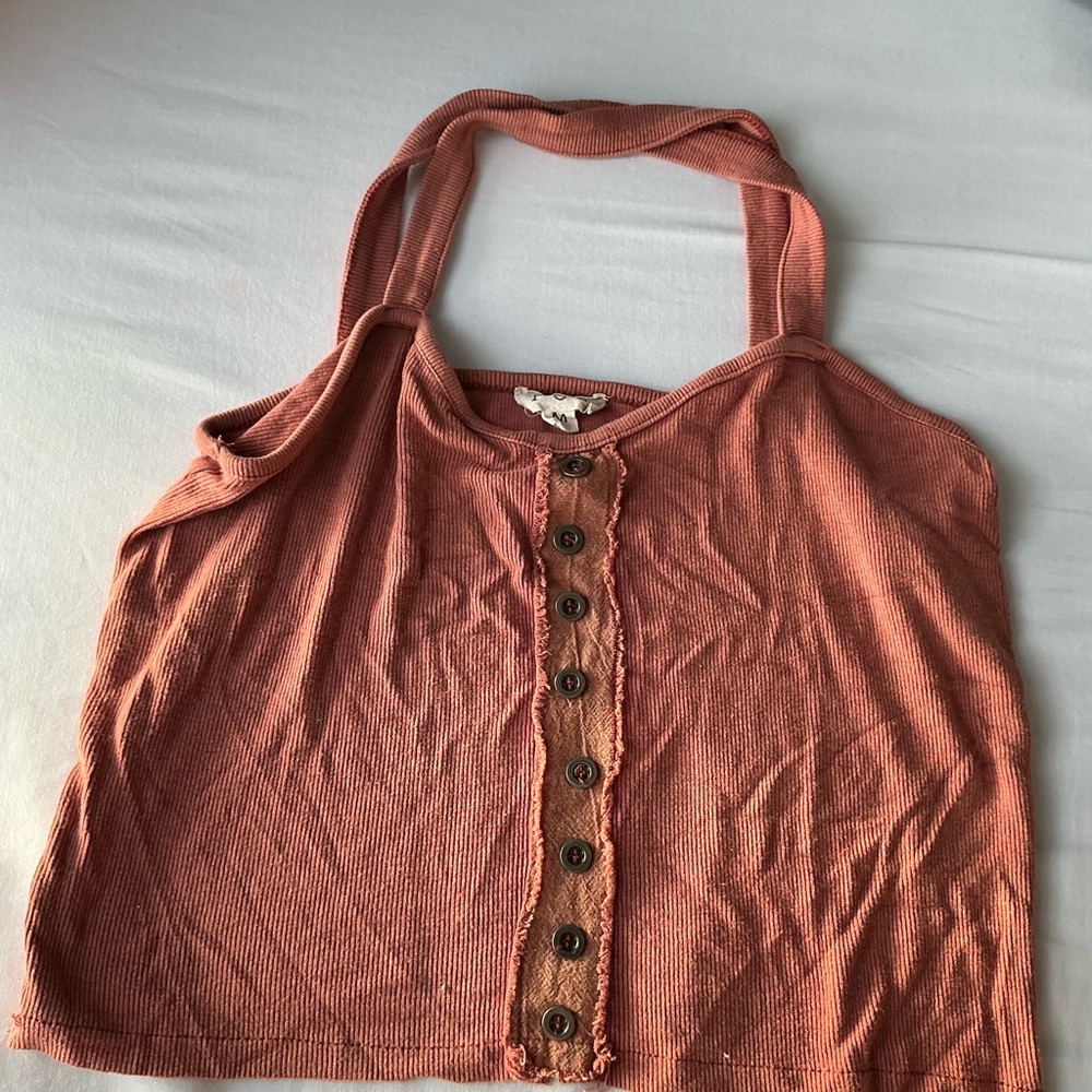 POL Ribbed Cold Shoulder Crop Top Button Front Rust Orange Women’s M
